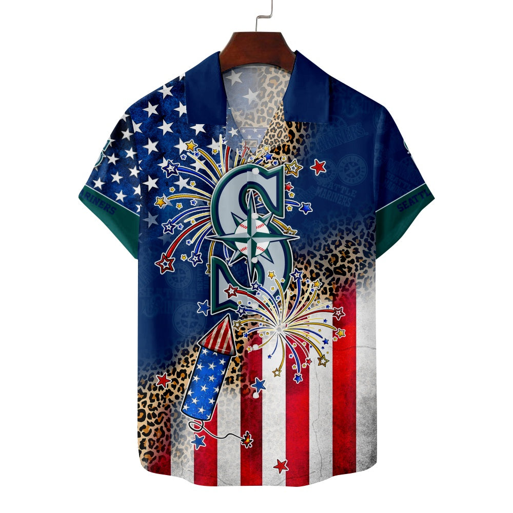 Seattle Mariners Baseball Print Fireworks Star Striped Flag ShirtMens short sleeve shirts Big and tall Mens shirts Short sleeve shirts for men Mens 4xl shirts Casual short sleeve shirts