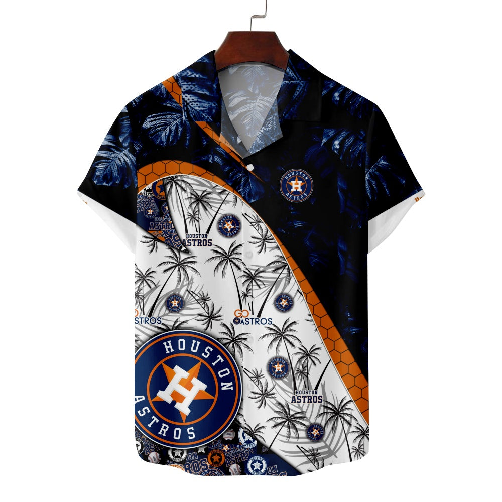 Houston Astros Baseball Hawaiian Print Palm Foliage Short Sleeve ShirtMens short sleeve shirts Big and tall Mens shirts Short sleeve shirts for men Mens 4xl shirts Casual short sleeve shirts