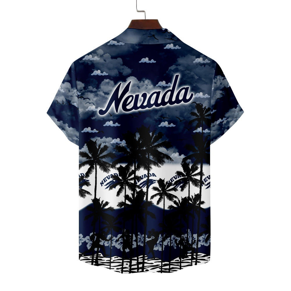 Nevada Wolf Pack American Football Hawaiian Palm Print Short Sleeve ShirtMens short sleeve shirts Big and tall Mens shirts Short sleeve shirts for men Mens 4xl shirts Casual short sleeve shirts