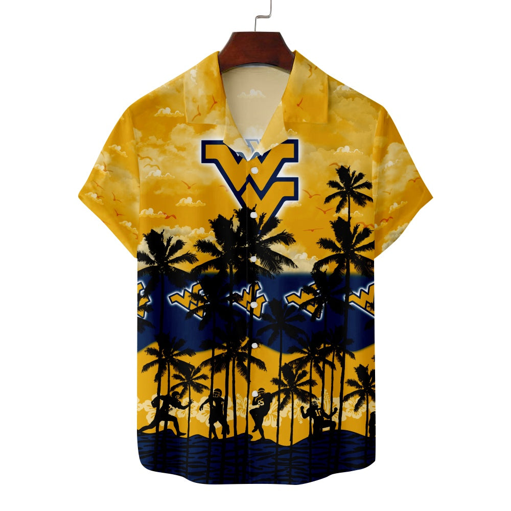 West Virginia Mountaineers American Football Hawaiian Palm Print Short Sleeve ShirtMens short sleeve shirts Big and tall Mens shirts Short sleeve shirts for men Mens 4xl shirts Casual short sleeve shirts