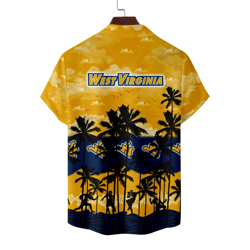 West Virginia Mountaineers American Football Hawaiian Palm Print Short Sleeve ShirtMens short sleeve shirts Big and tall Mens shirts Short sleeve shirts for men Mens 4xl shirts Casual short sleeve shirts