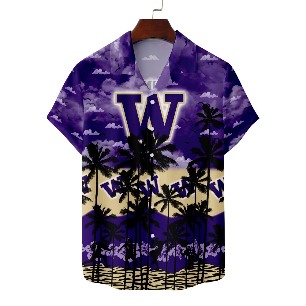 Washington Huskies American Football Hawaiian Palm Print Short Sleeve ShirtMens short sleeve shirts Big and tall Mens shirts Short sleeve shirts for men Mens 4xl shirts Casual short sleeve shirts