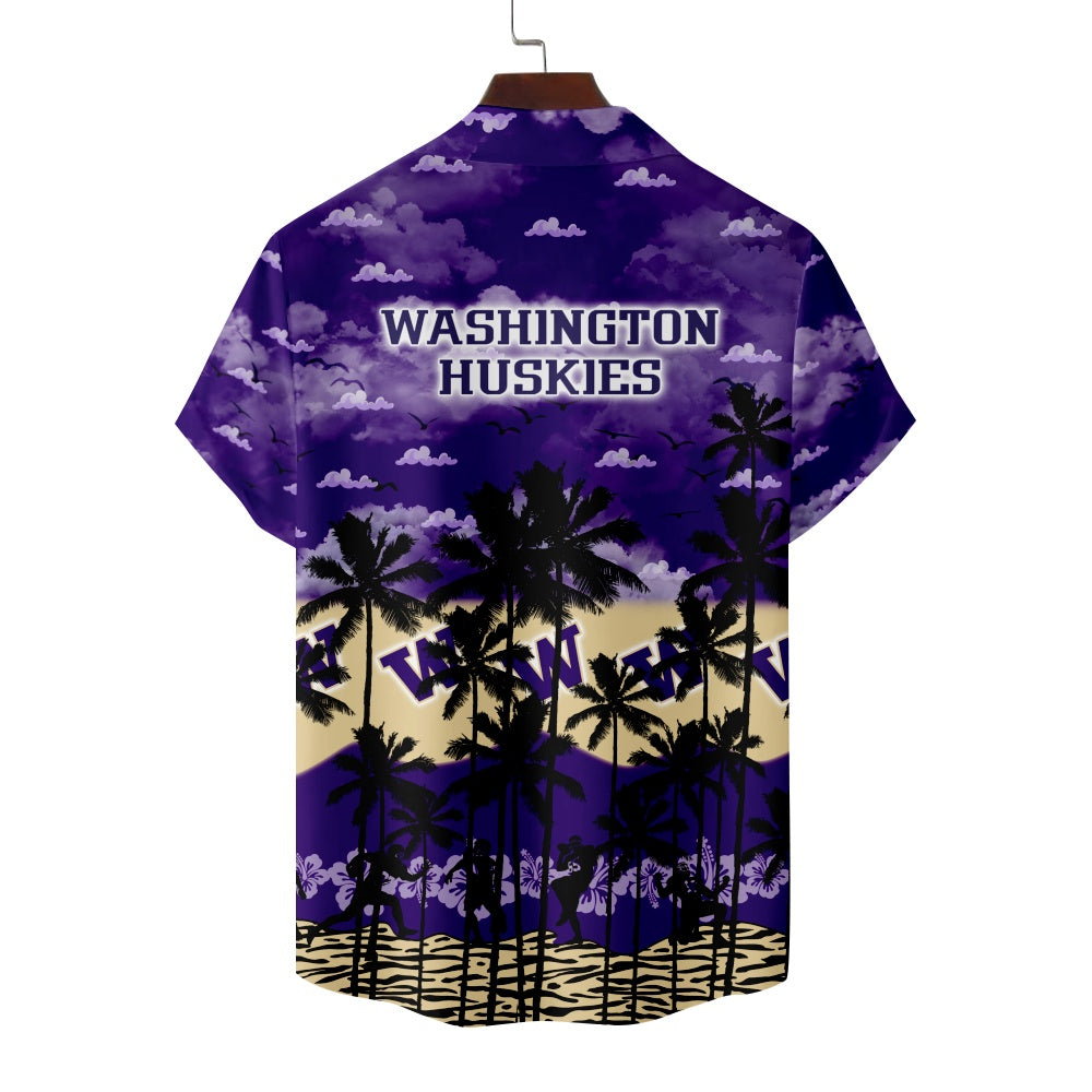 Washington Huskies American Football Hawaiian Palm Print Short Sleeve ShirtMens short sleeve shirts Big and tall Mens shirts Short sleeve shirts for men Mens 4xl shirts Casual short sleeve shirts