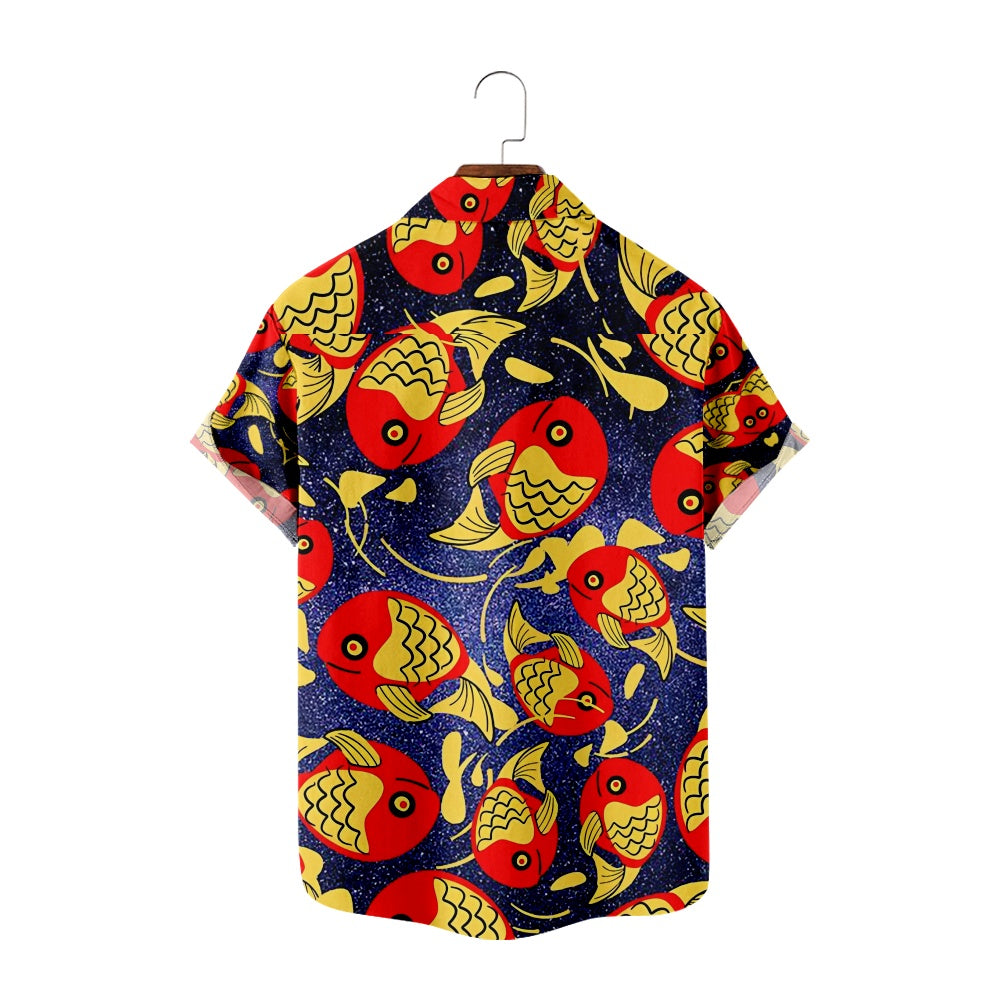 Men's Illustrated Red Fish Universe Print Short Sleeve ShirtMens short sleeve shirts Big and tall Mens shirts Short sleeve shirts for men Mens 4xl shirts Casual short sleeve shirts