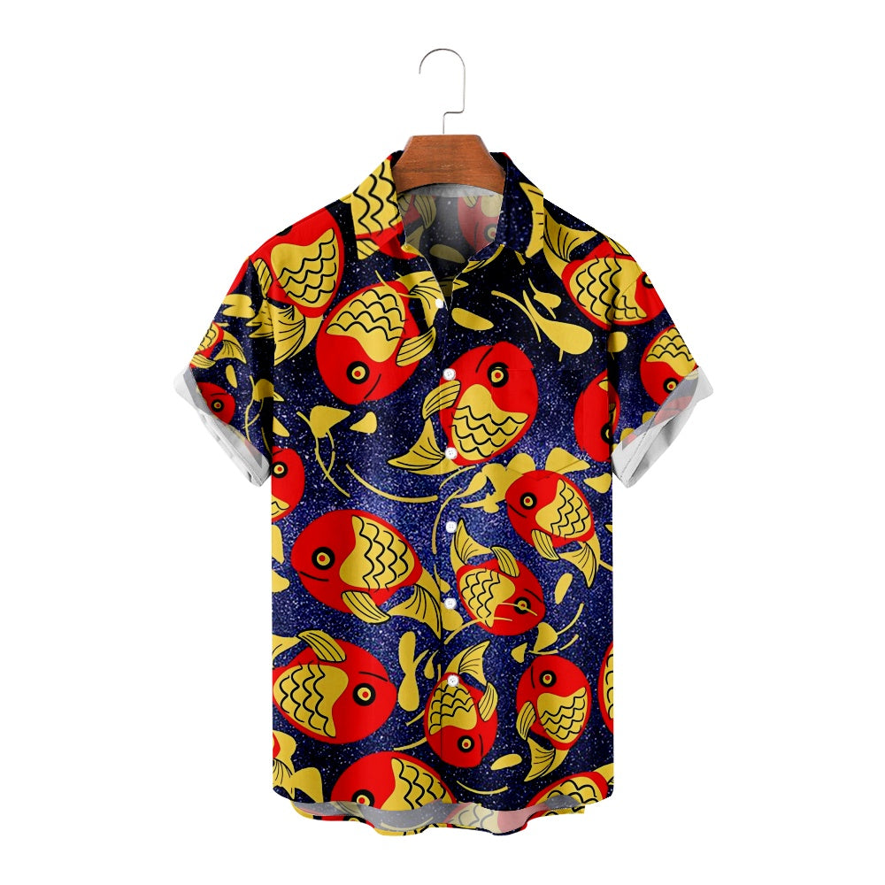 Men's Illustrated Red Fish Universe Print Short Sleeve ShirtMens short sleeve shirts Big and tall Mens shirts Short sleeve shirts for men Mens 4xl shirts Casual short sleeve shirts