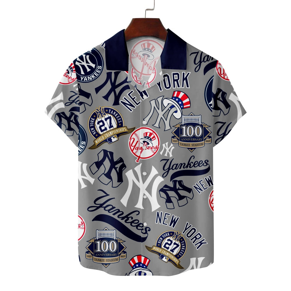 New York Yankees Baseball Patches Print Solid Blue Collar Short Sleeve ShirtMens short sleeve shirts Big and tall Mens shirts Short sleeve shirts for men Mens 4xl shirts Casual short sleeve shirts