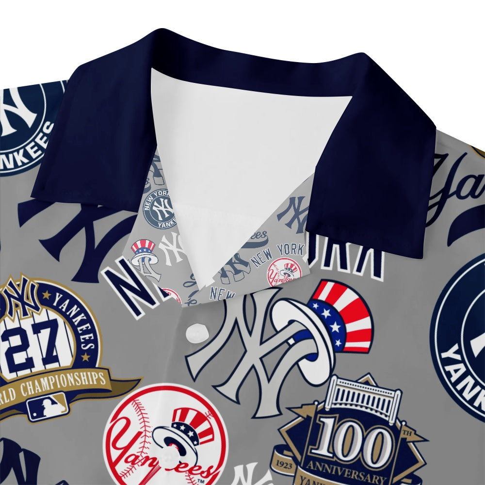 New York Yankees Baseball Patches Print Solid Blue Collar Short Sleeve ShirtMens short sleeve shirts Big and tall Mens shirts Short sleeve shirts for men Mens 4xl shirts Casual short sleeve shirts