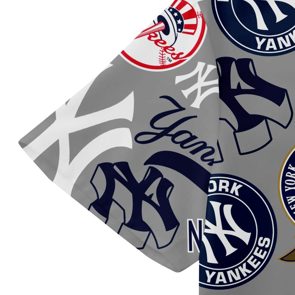 New York Yankees Baseball Patches Print Solid Blue Collar Short Sleeve ShirtMens short sleeve shirts Big and tall Mens shirts Short sleeve shirts for men Mens 4xl shirts Casual short sleeve shirts