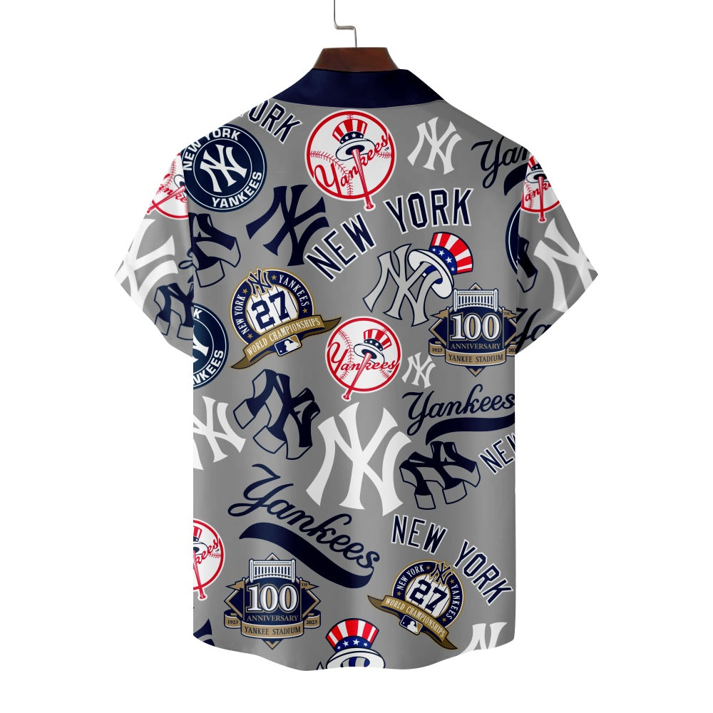 New York Yankees Baseball Patches Print Solid Blue Collar Short Sleeve ShirtMens short sleeve shirts Big and tall Mens shirts Short sleeve shirts for men Mens 4xl shirts Casual short sleeve shirts