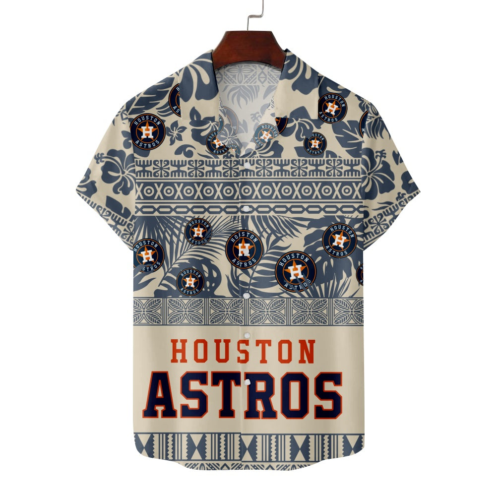 Houston Astros Baseball Hawaiian Tribal Floral Print Short Sleeve ShirtMens short sleeve shirts Big and tall Mens shirts Short sleeve shirts for men Mens 4xl shirts Casual short sleeve shirts