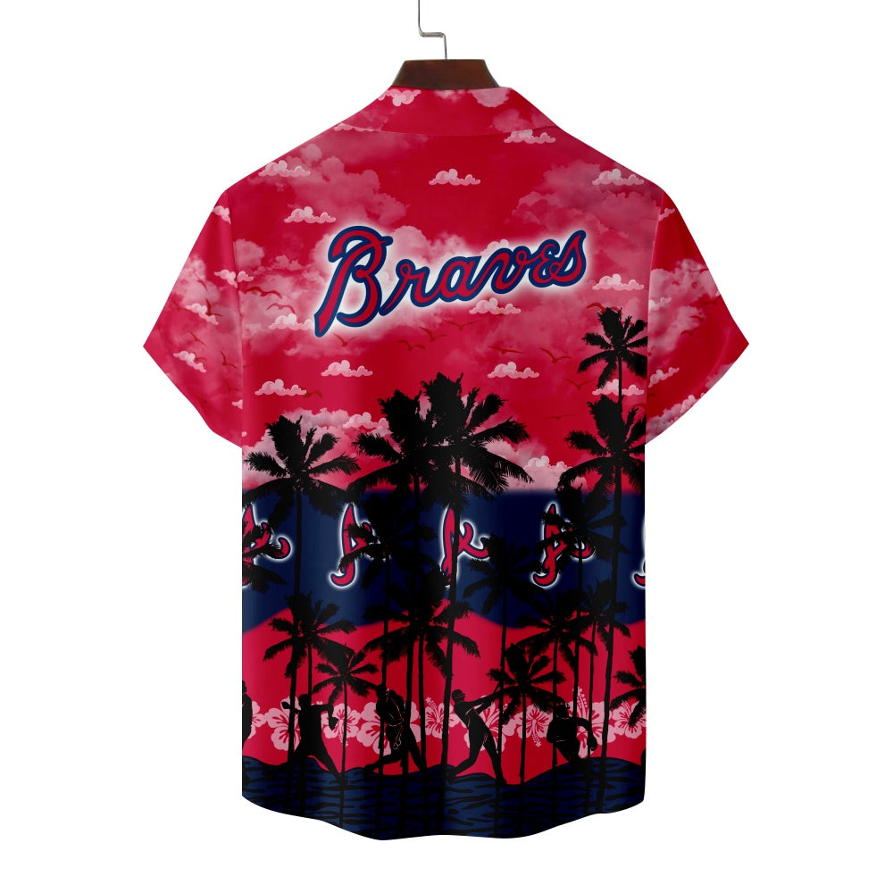 Atlanta Braves Baseball Hawaiian Palm Baseball Player Silhouettes Print Short Sleeve ShirtMens short sleeve shirts Big and tall Mens shirts Short sleeve shirts for men Mens 4xl shirts Casual short sleeve shirts