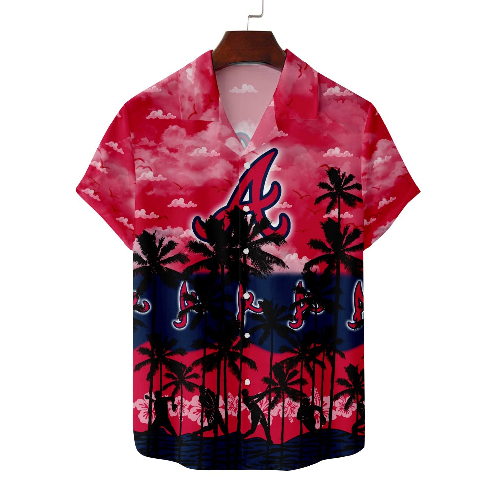 Atlanta Braves Baseball Hawaiian Palm Baseball Player Silhouettes Print Short Sleeve ShirtMens short sleeve shirts Big and tall Mens shirts Short sleeve shirts for men Mens 4xl shirts Casual short sleeve shirts