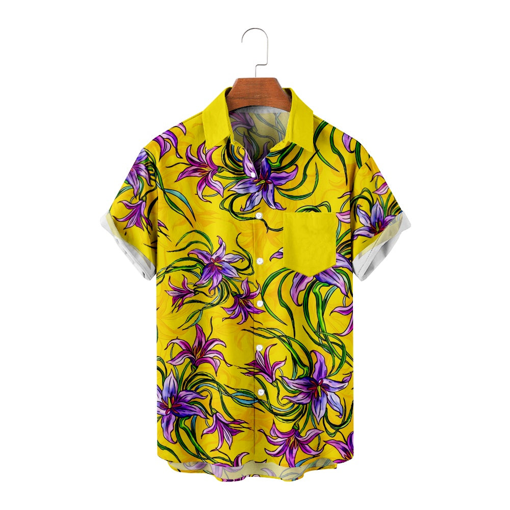 Men's Floral Hand-Drawn Purple Pink Flowers Print Short Sleeve ShirtMens short sleeve shirts Big and tall Mens shirts Short sleeve shirts for men Mens 4xl shirts Casual short sleeve shirts