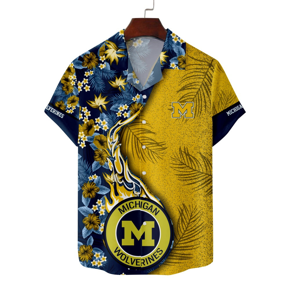 Michigan Wolverines American Football Hawaiian Floral Print Short Sleeve ShirtMens short sleeve shirts Big and tall Mens shirts Short sleeve shirts for men Mens 4xl shirts Casual short sleeve shirts