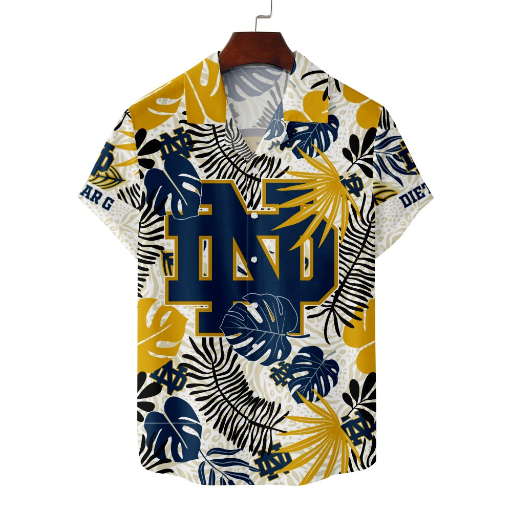 Notre Dame Fighting Irish American Football Hawaiian Leaf Foliage Print Short Sleeve ShirtMens short sleeve shirts Big and tall Mens shirts Short sleeve shirts for men Mens 4xl shirts Casual short sleeve shirts