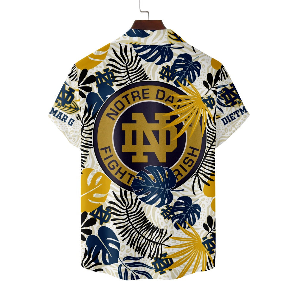 Notre Dame Fighting Irish American Football Hawaiian Leaf Foliage Print Short Sleeve ShirtMens short sleeve shirts Big and tall Mens shirts Short sleeve shirts for men Mens 4xl shirts Casual short sleeve shirts