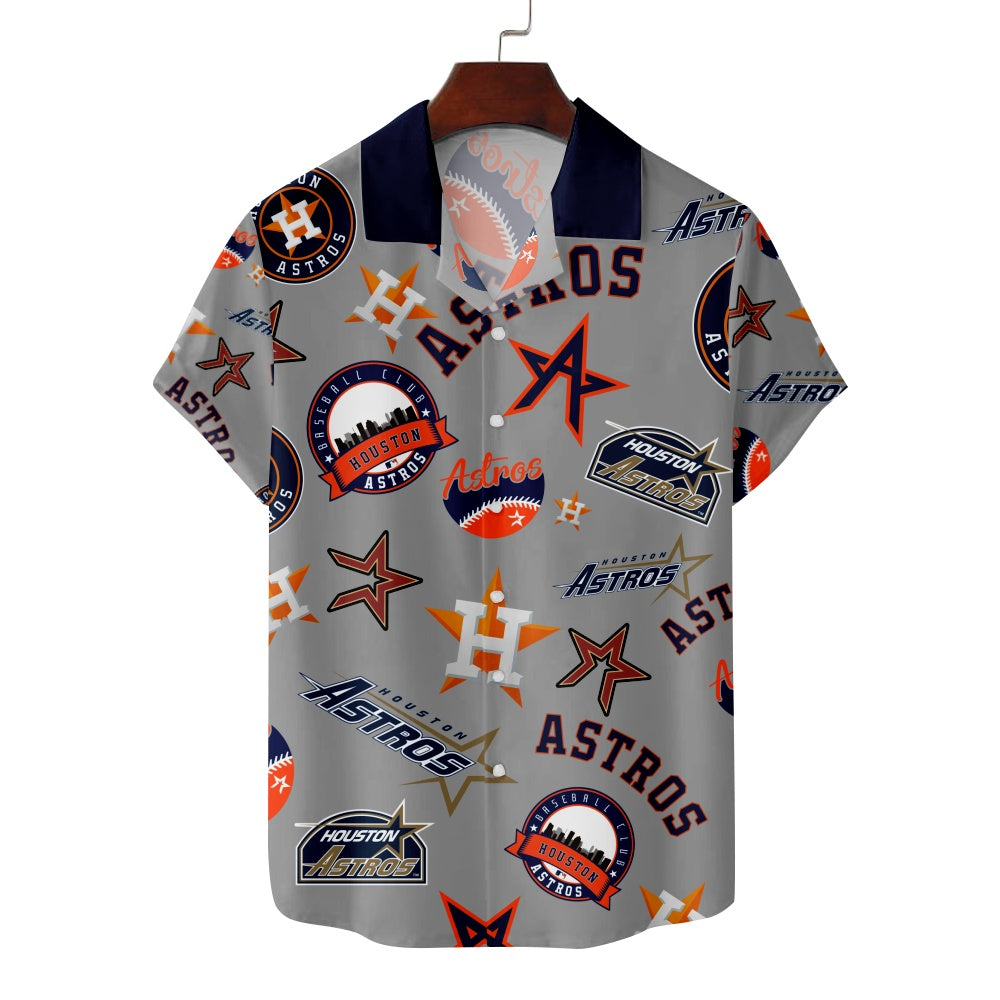 Houston Astros Baseball Patches Print Solid Blue Collar Short Sleeve ShirtMens short sleeve shirts Big and tall Mens shirts Short sleeve shirts for men Mens 4xl shirts Casual short sleeve shirts