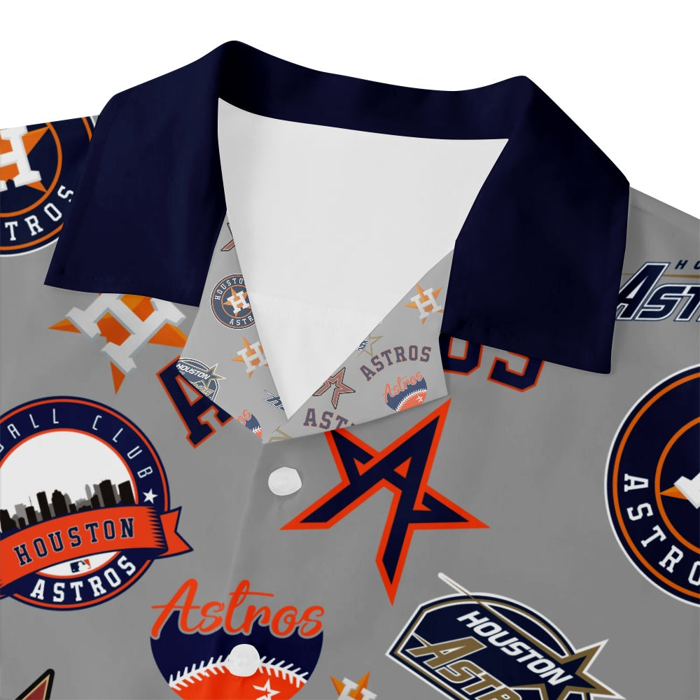 Houston Astros Baseball Patches Print Solid Blue Collar Short Sleeve ShirtMens short sleeve shirts Big and tall Mens shirts Short sleeve shirts for men Mens 4xl shirts Casual short sleeve shirts