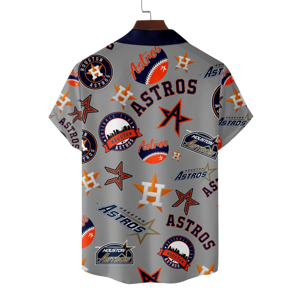 Houston Astros Baseball Patches Print Solid Blue Collar Short Sleeve ShirtMens short sleeve shirts Big and tall Mens shirts Short sleeve shirts for men Mens 4xl shirts Casual short sleeve shirts