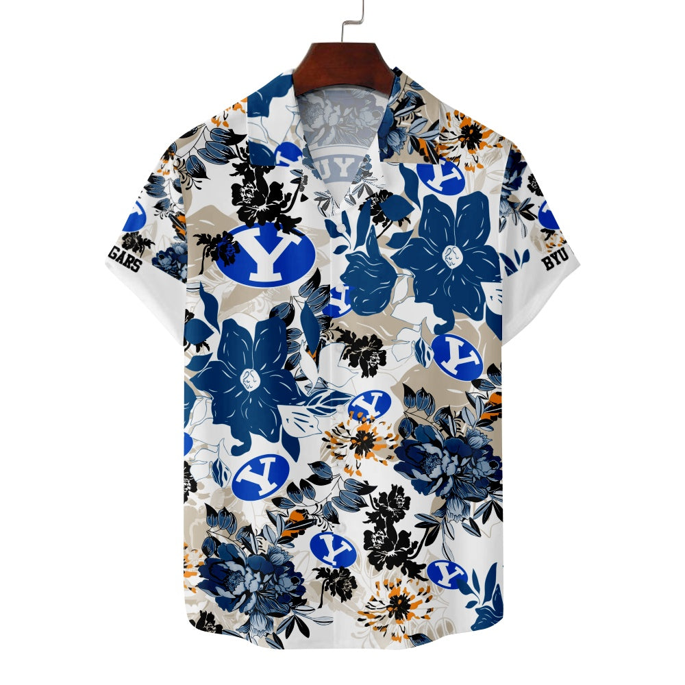 BYU Cougars American Football Hawaiian Floral Print Short Sleeve ShirtMens short sleeve shirts Big and tall Mens shirts Short sleeve shirts for men Mens 4xl shirts Casual short sleeve shirts