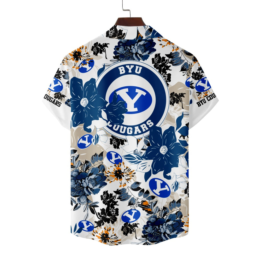 BYU Cougars American Football Hawaiian Floral Print Short Sleeve ShirtMens short sleeve shirts Big and tall Mens shirts Short sleeve shirts for men Mens 4xl shirts Casual short sleeve shirts