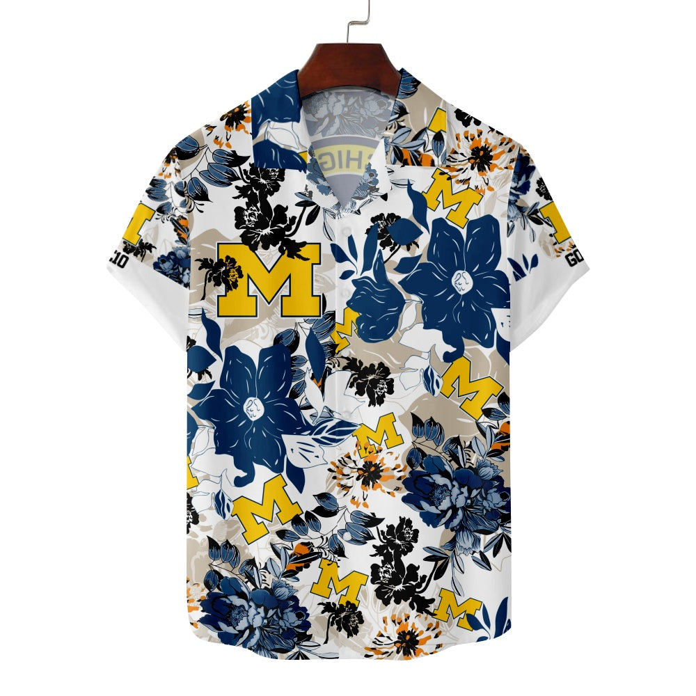 Michigan Wolverines American Football Hawaiian Floral Print Short Sleeve ShirtMens short sleeve shirts Big and tall Mens shirts Short sleeve shirts for men Mens 4xl shirts Casual short sleeve shirts