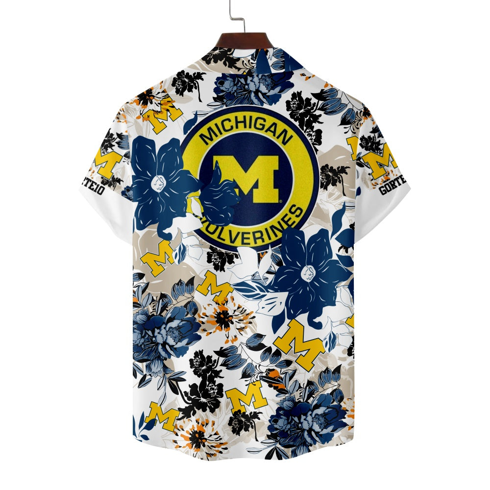 Michigan Wolverines American Football Hawaiian Floral Print Short Sleeve ShirtMens short sleeve shirts Big and tall Mens shirts Short sleeve shirts for men Mens 4xl shirts Casual short sleeve shirts