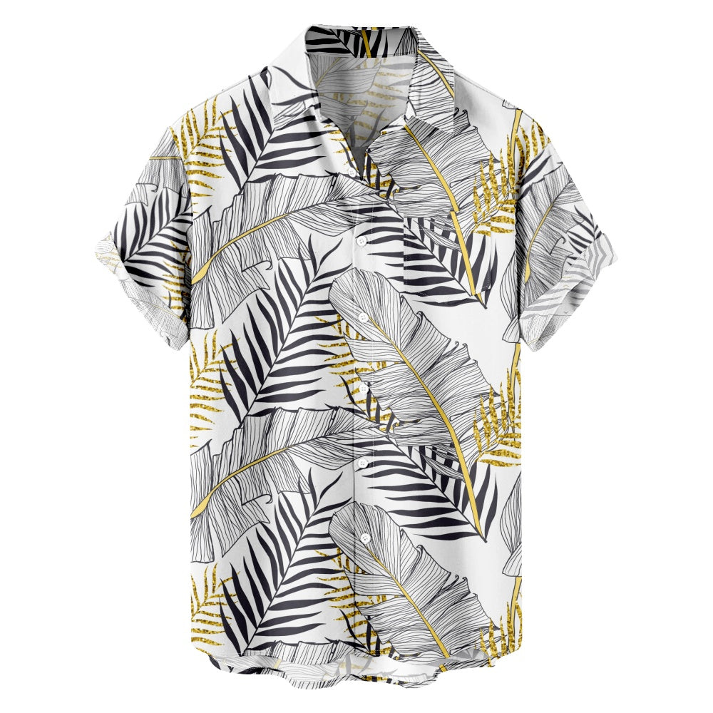 Men's Hawaiian Print Leaf Foliage Golden White Short Sleeve ShirtMens short sleeve shirts Big and tall Mens shirts Short sleeve shirts for men Mens 4xl shirts Casual short sleeve shirts