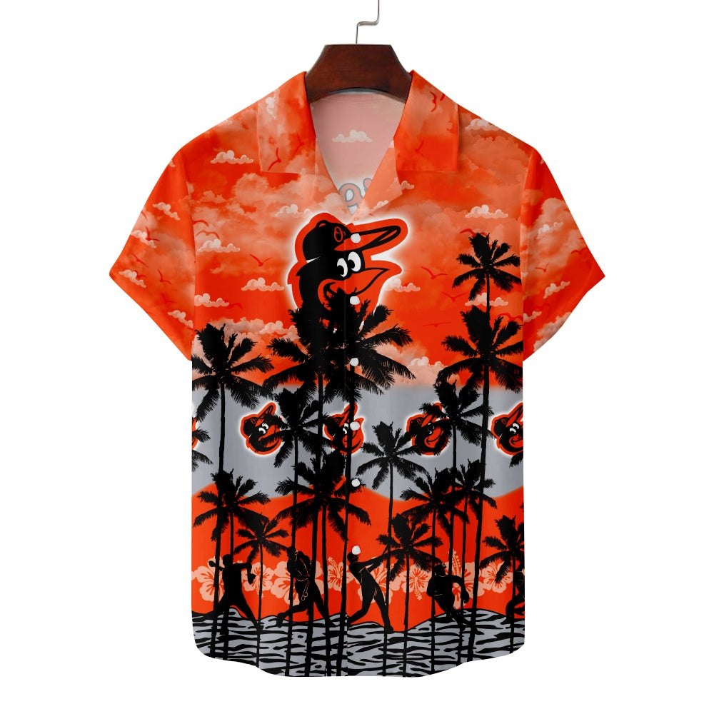 Baltimore Orioles Baseball Hawaiian Palm Tree Baseball Player Silhouette Print Short Sleeve ShirtMens short sleeve shirts Big and tall Mens shirts Short sleeve shirts for men Mens 4xl shirts Casual short sleeve shirts