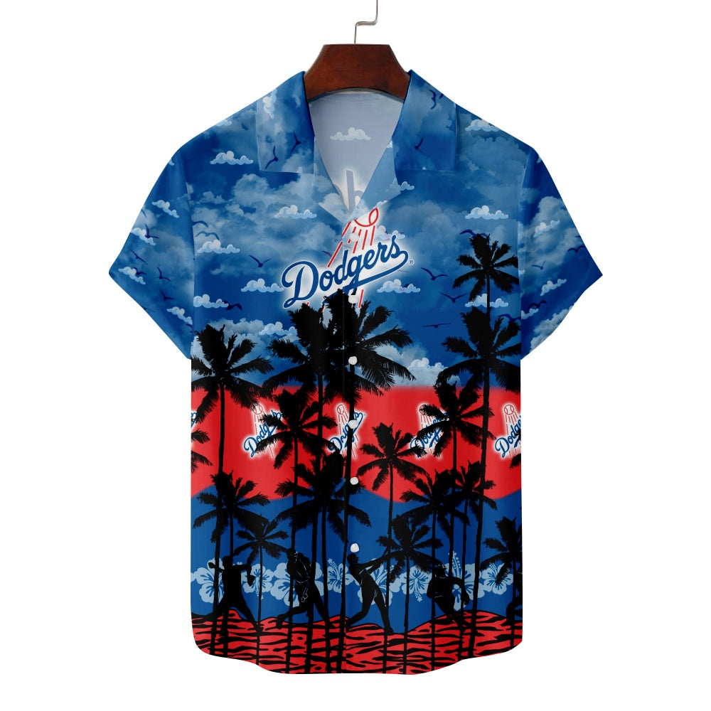 Los Angeles Dodgers Baseball Hawaiian Palm Red Blue Print Short Sleeve ShirtMens short sleeve shirts Big and tall Mens shirts Short sleeve shirts for men Mens 4xl shirts Casual short sleeve shirts