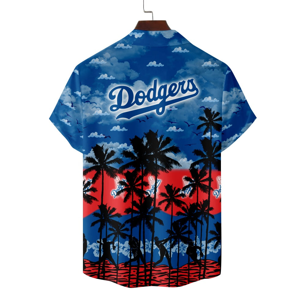 Los Angeles Dodgers Baseball Hawaiian Palm Red Blue Print Short Sleeve ShirtMens short sleeve shirts Big and tall Mens shirts Short sleeve shirts for men Mens 4xl shirts Casual short sleeve shirts