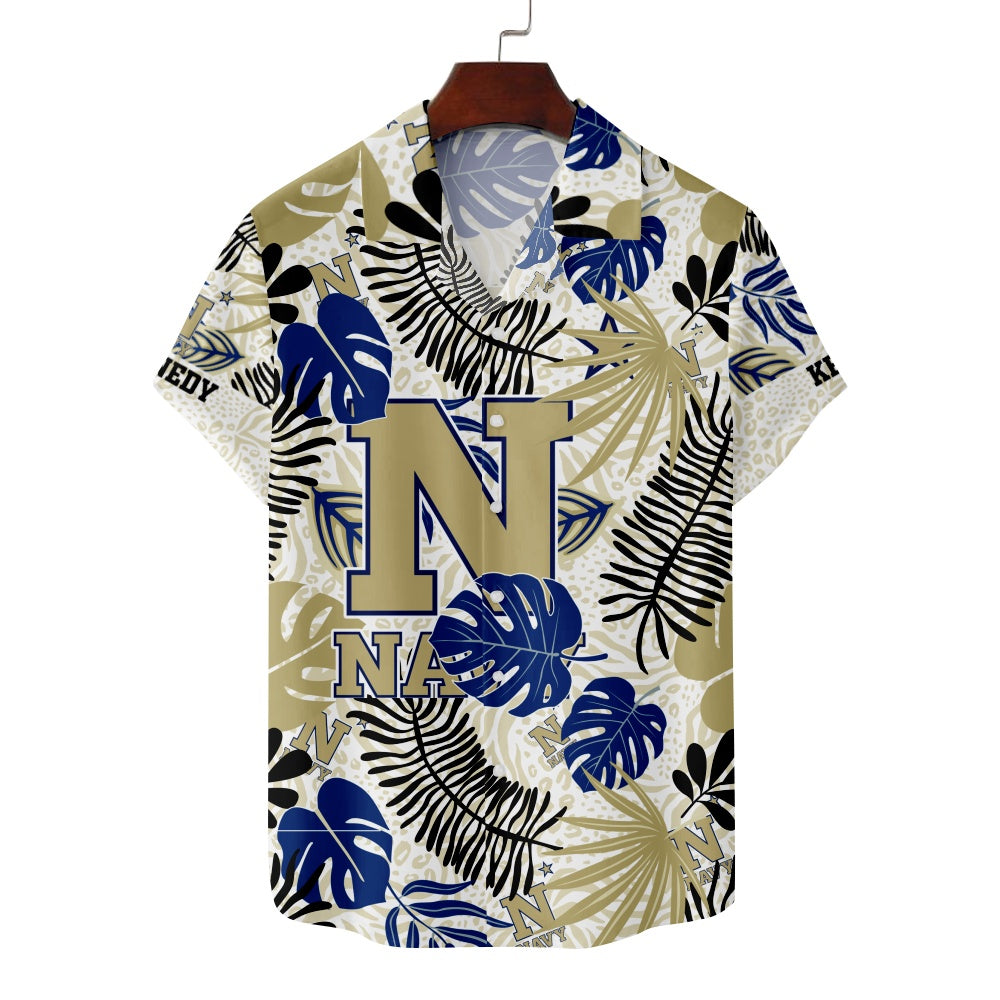 Navy Midshipmen American Football Hawaiian Leaf Foliage Print Short Sleeve ShirtMens short sleeve shirts Big and tall Mens shirts Short sleeve shirts for men Mens 4xl shirts Casual short sleeve shirts