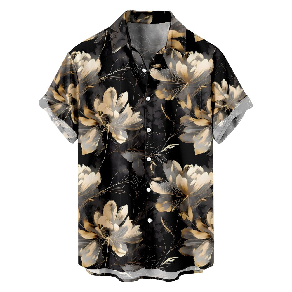 Men's Black Floral Golden Flower Print Short Sleeve ShirtMens short sleeve shirts Big and tall Mens shirts Short sleeve shirts for men Mens 4xl shirts Casual short sleeve shirts