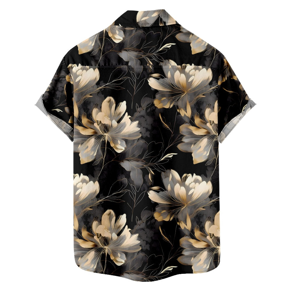 Men's Black Floral Golden Flower Print Short Sleeve ShirtMens short sleeve shirts Big and tall Mens shirts Short sleeve shirts for men Mens 4xl shirts Casual short sleeve shirts