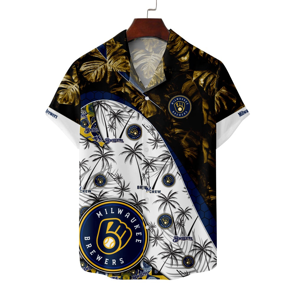 Milwaukee Brewers Baseball Hawaiian Print Palm Leaf Print Short Sleeve ShirtMens short sleeve shirts Big and tall Mens shirts Short sleeve shirts for men Mens 4xl shirts Casual short sleeve shirts