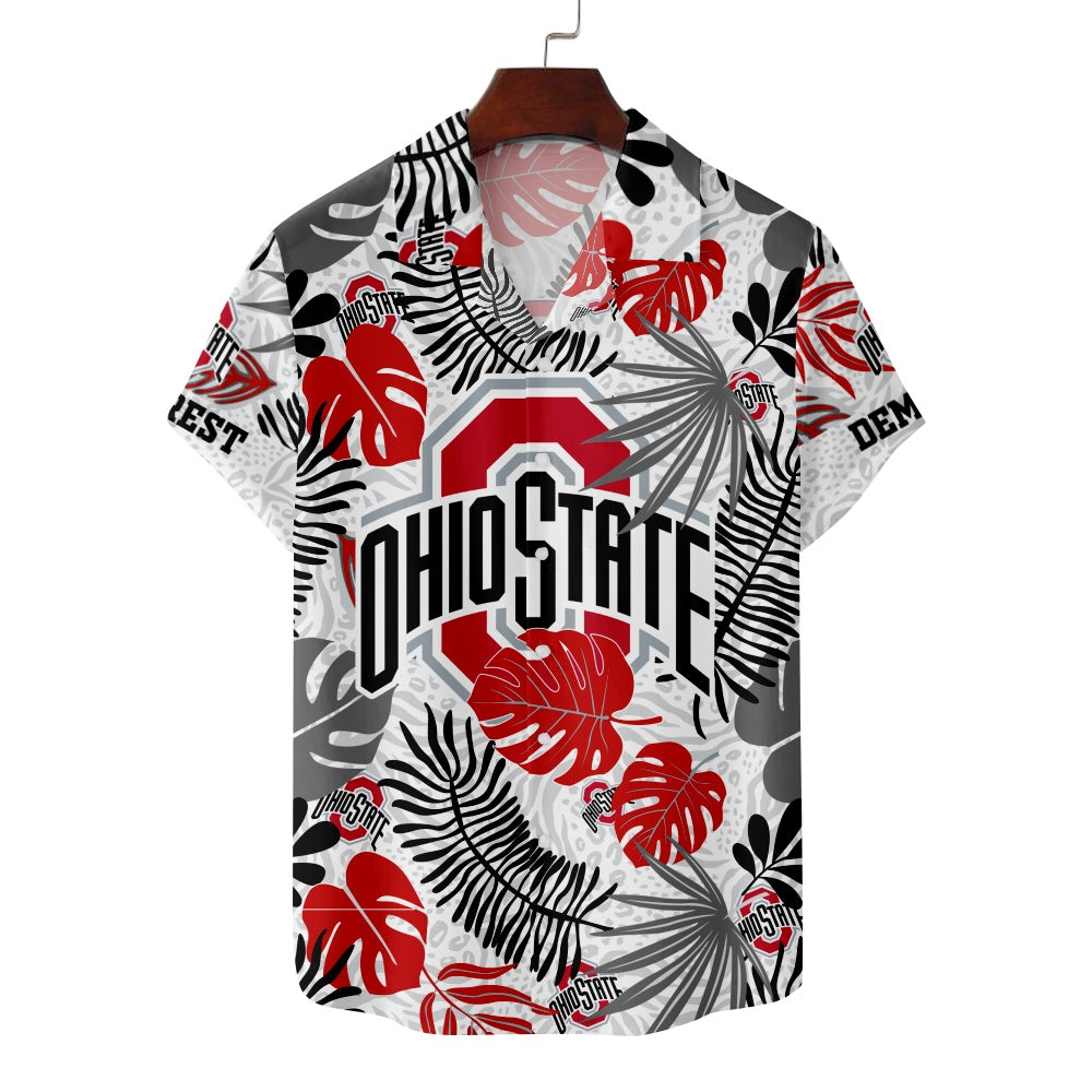 Ohio State Buckeyes American Football Hawaiian Leaf Foliage Print Short Sleeve ShirtMens short sleeve shirts Big and tall Mens shirts Short sleeve shirts for men Mens 4xl shirts Casual short sleeve shirts