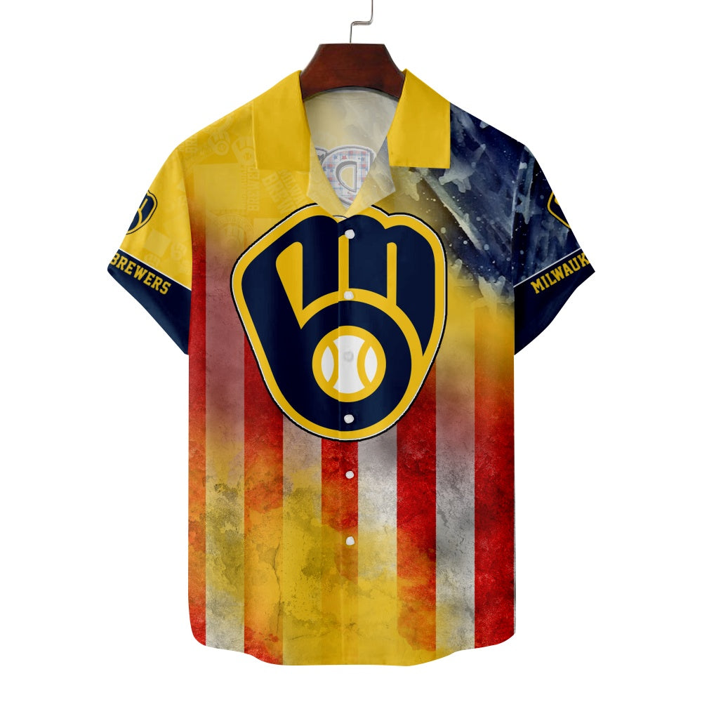 Milwaukee Brewers Baseball Star Striped Flag ShirtMens short sleeve shirts Big and tall Mens shirts Short sleeve shirts for men Mens 4xl shirts Casual short sleeve shirts