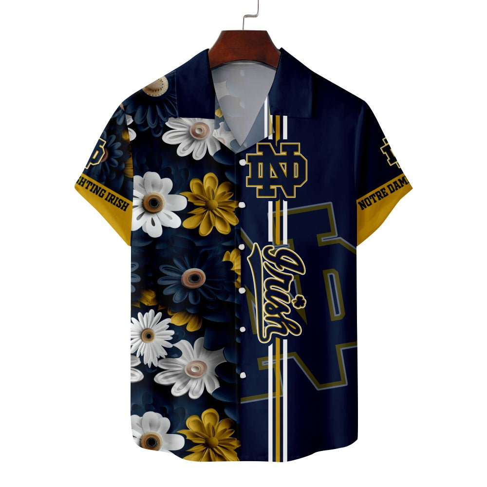 Notre Dame Fighting Irish American Football Floral Print Striped Short Sleeve ShirtMens short sleeve shirts Big and tall Mens shirts Short sleeve shirts for men Mens 4xl shirts Casual short sleeve shirts