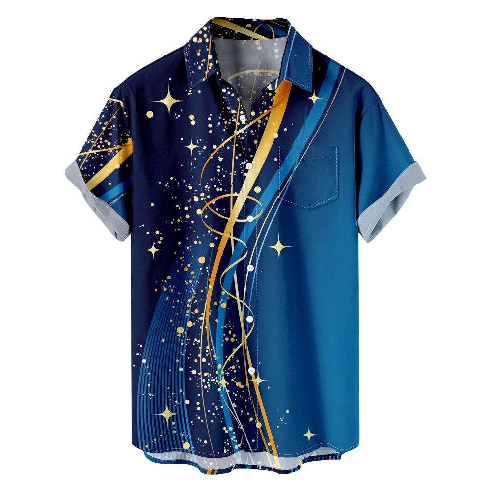 Men's Golden Stars and Swirls Festive Blue Short Sleeve Shirt, mens short sleeve shirts£¬big and tall mens shirts£¬short sleeve shirts for men£¬mens 4xl shirts£¬casual short sleeve shirts