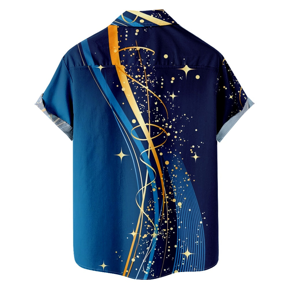 Men's Golden Stars and Swirls Festive Blue Short Sleeve Shirt, mens short sleeve shirts£¬big and tall mens shirts£¬short sleeve shirts for men£¬mens 4xl shirts£¬casual short sleeve shirts