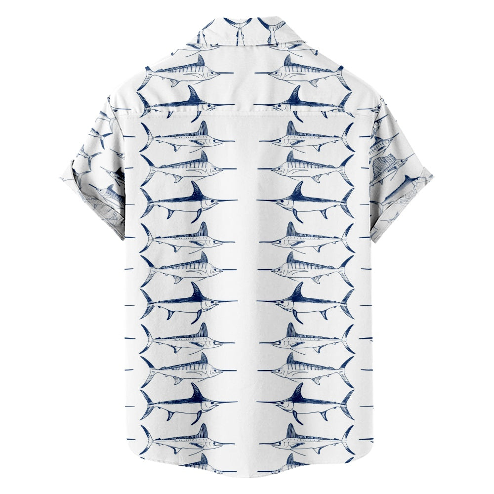 Men's Hand-drawn Swordfish Pattern Shirt with Chest PocketMens short sleeve shirts Big and tall Mens shirts Short sleeve shirts for men Mens 4xl shirts Casual short sleeve shirts