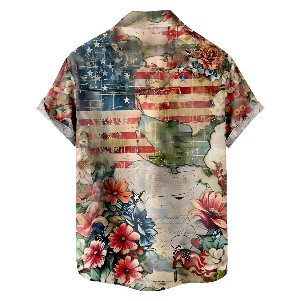 Men's USA Flag and Florals Short Sleeve Shirt, mens short sleeve shirts£¬big and tall mens shirts£¬short sleeve shirts for men£¬mens 4xl shirts£¬casual short sleeve shirts