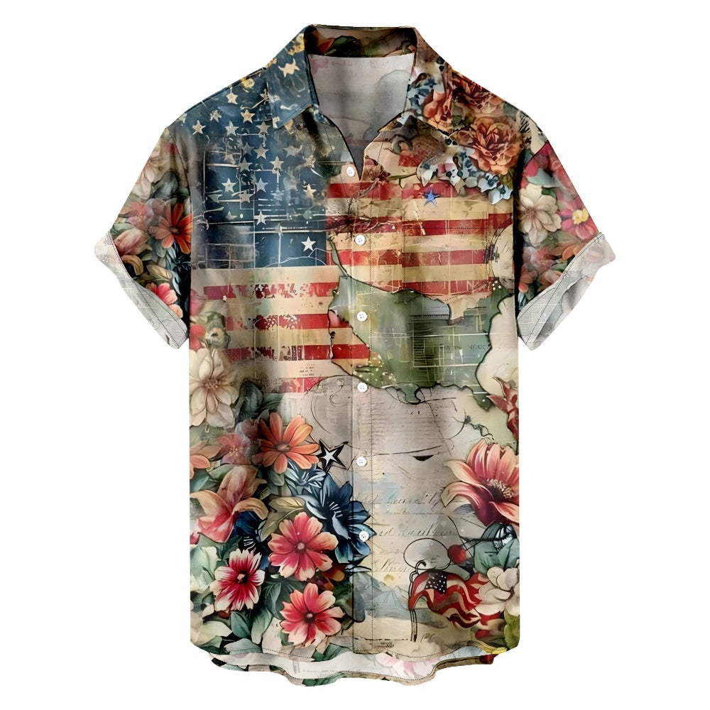 Men's USA Flag and Florals Short Sleeve Shirt, mens short sleeve shirts¡ê?big and tall mens shirts¡ê?short sleeve shirts for men¡ê?mens 4xl shirts¡ê?casual short sleeve shirts