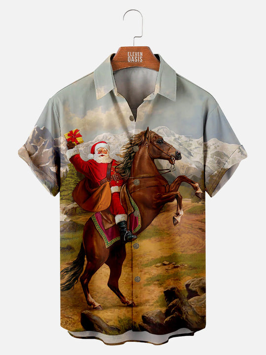 Christmas Santa Cowboy Men's Short Sleeve ShirtMens short sleeve shirts Big and tall Mens shirts Short sleeve shirts for men Mens 4xl shirts Casual short sleeve shirts