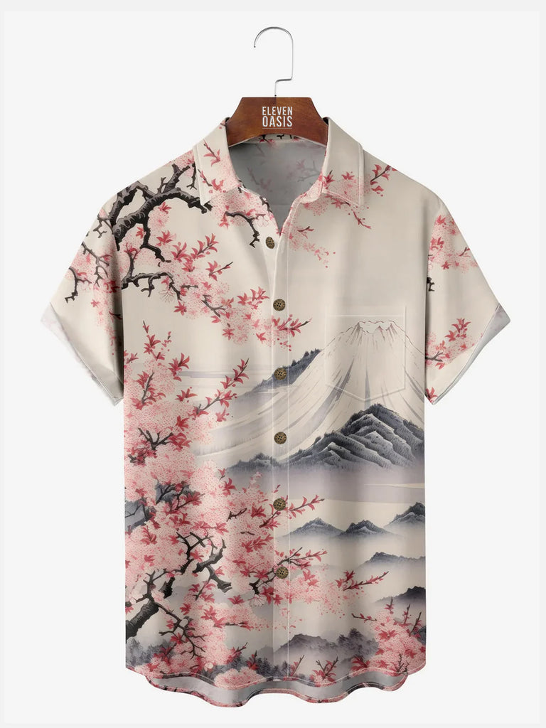 Men's Japan-Inspired Mt Fuji and Cherry Blossoms Short Sleeve Casual ShirtMens short sleeve shirts Big and tall Mens shirts Short sleeve shirts for men Mens 4xl shirts Casual short sleeve shirts