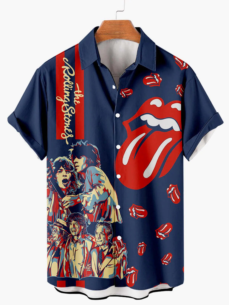 The Rolling Stones Print Men's Tops Blue / MMens short sleeve shirts Big and tall Mens shirts Short sleeve shirts for men Mens 4xl shirts Casual short sleeve shirts