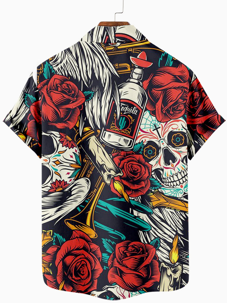 Halloween Bloom Rose Skull Men's Casual Short-Sleeve ShirtMens short sleeve shirts Big and tall Mens shirts Short sleeve shirts for men Mens 4xl shirts Casual short sleeve shirts