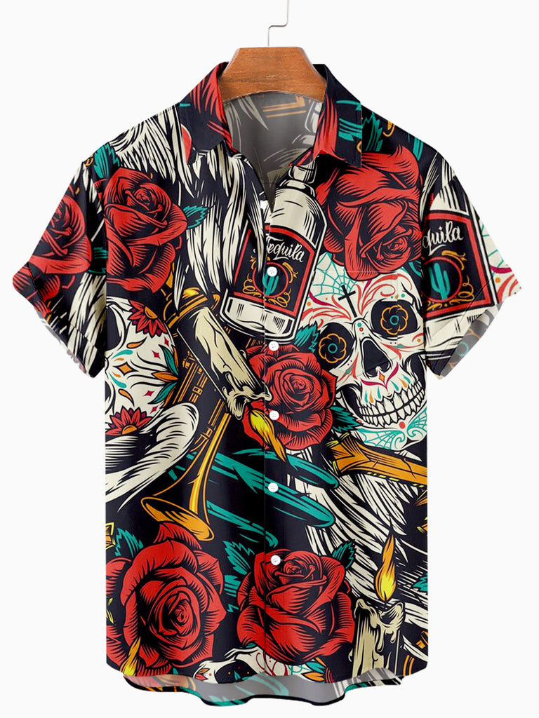 Halloween Bloom Rose Skull Men's Casual Short-Sleeve Shirt Colors / M