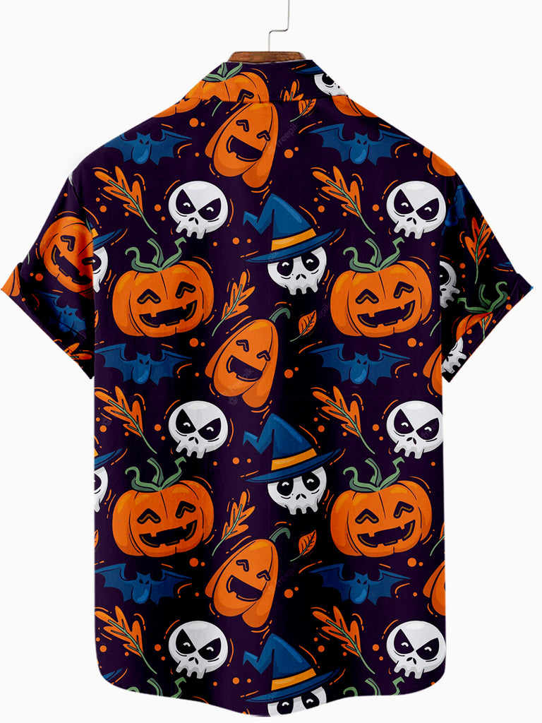 Halloween Pumpkin Skull Men's Casual Short-Sleeve ShirtMens short sleeve shirts Big and tall Mens shirts Short sleeve shirts for men Mens 4xl shirts Casual short sleeve shirts