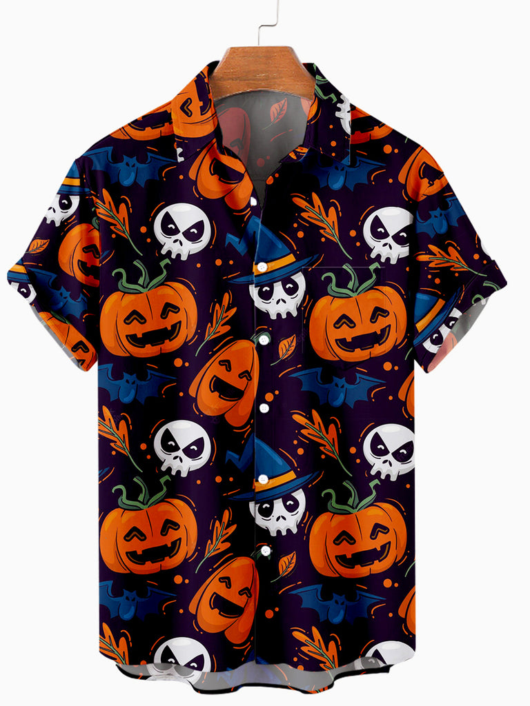 Halloween Pumpkin Skull Men's Casual Short-Sleeve Shirt Purple / M